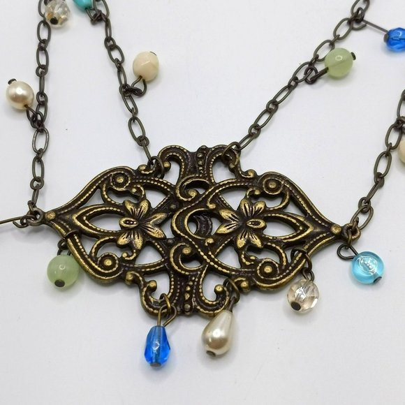 Rachel Roy Boho Art Deco Filigree Style Statement Necklace Bronze Tone Beads - Picture 1 of 5